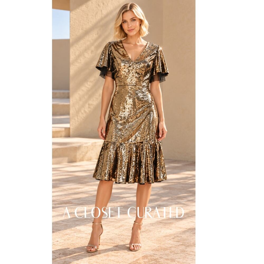 Sachin & Babi Sequin Midi Dress 2 Gold NEW